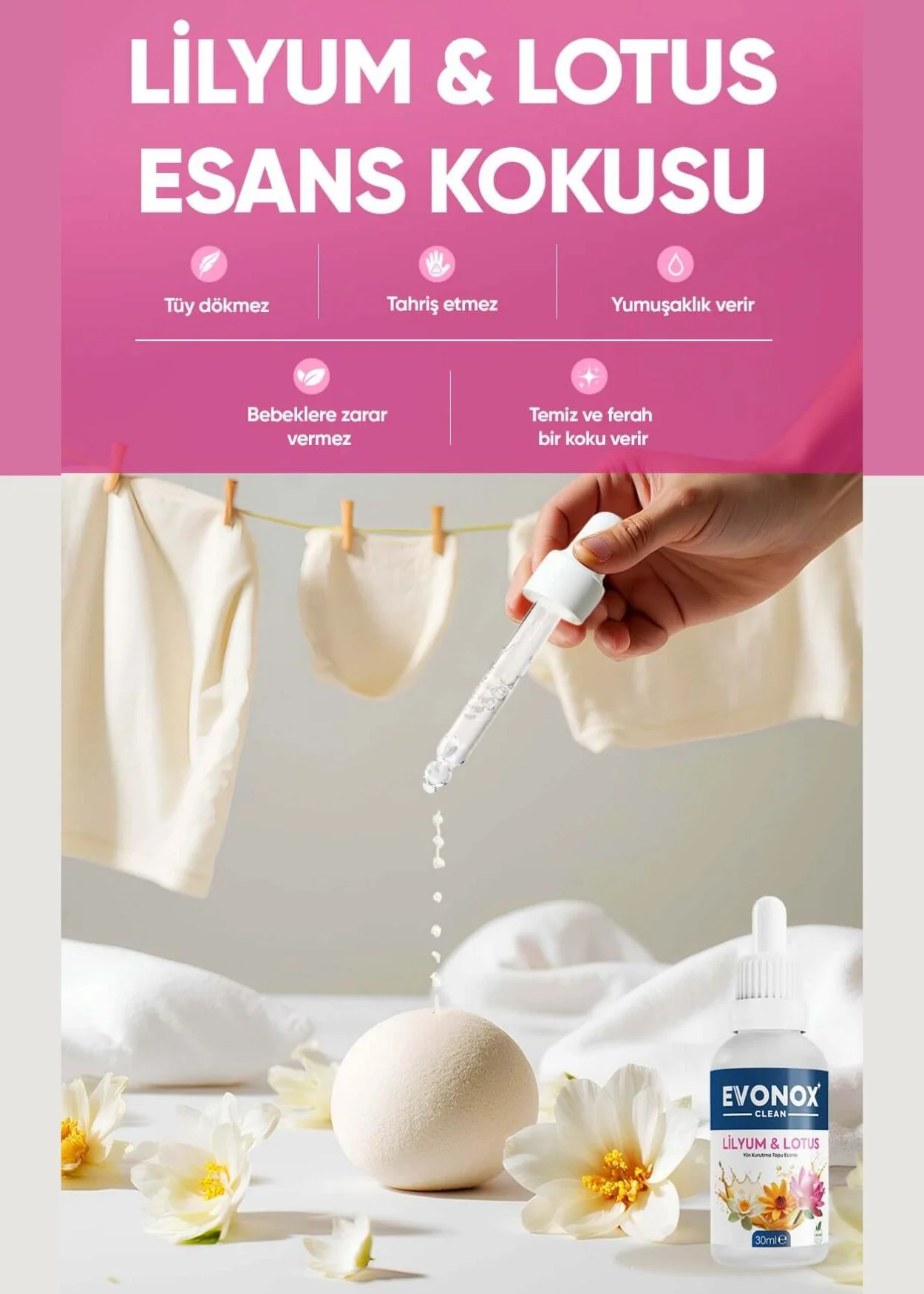 Evonox Clean Yün Kurutma Topu Esansı – Lilium Lotus - Image 2
