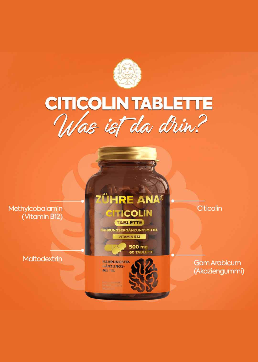 Zühre Ana Citicolin-500 mg 60 Tabletten enthalten Vitamin B12 (Sitikolin Tablet) - Image 2