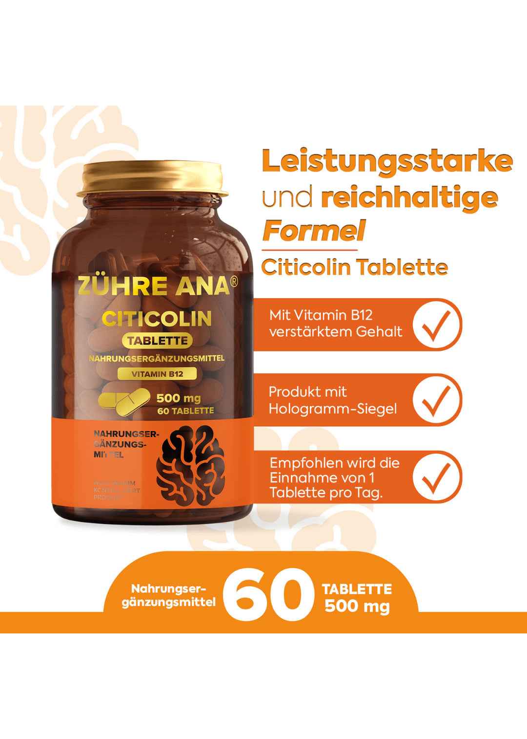 Zühre Ana Citicolin-500 mg 60 Tabletten enthalten Vitamin B12 (Sitikolin Tablet) - Image 3